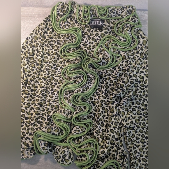The Collective Works Of Berek Neon Green Leopard Print Ruffle Cardigan Retro Y2K - Picture 7 of 10